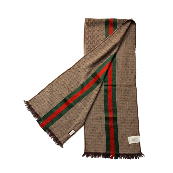 Gucci Brown & Beige GG Logo Print w/ Green Red Stripe Wool Silk Scarf Pre-owned - Picture 4 of 16